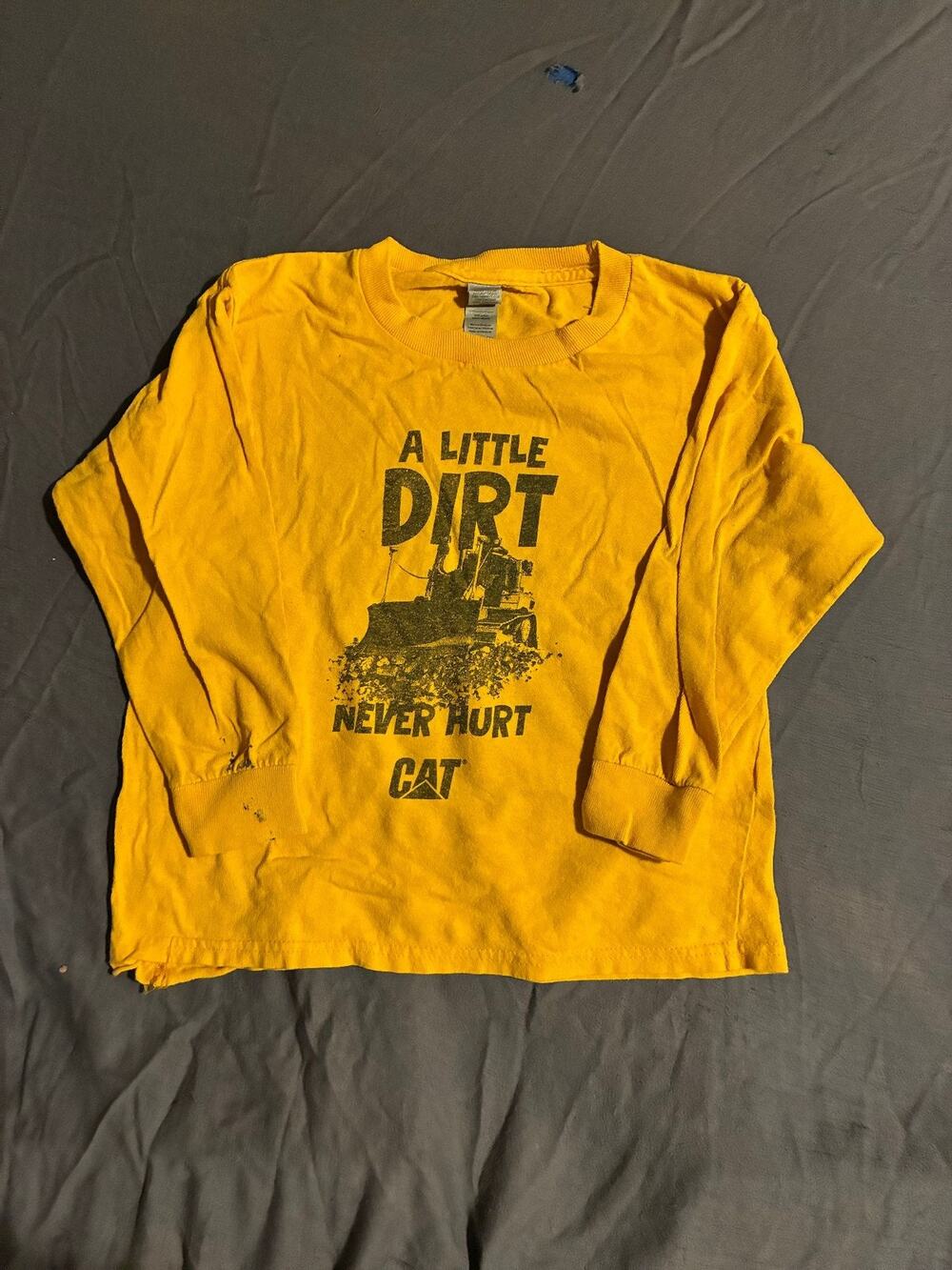 CAT Long Sleeve Shirt Unisex XS A Little Dirt Never Hurt Yellow Graphic Workwear
